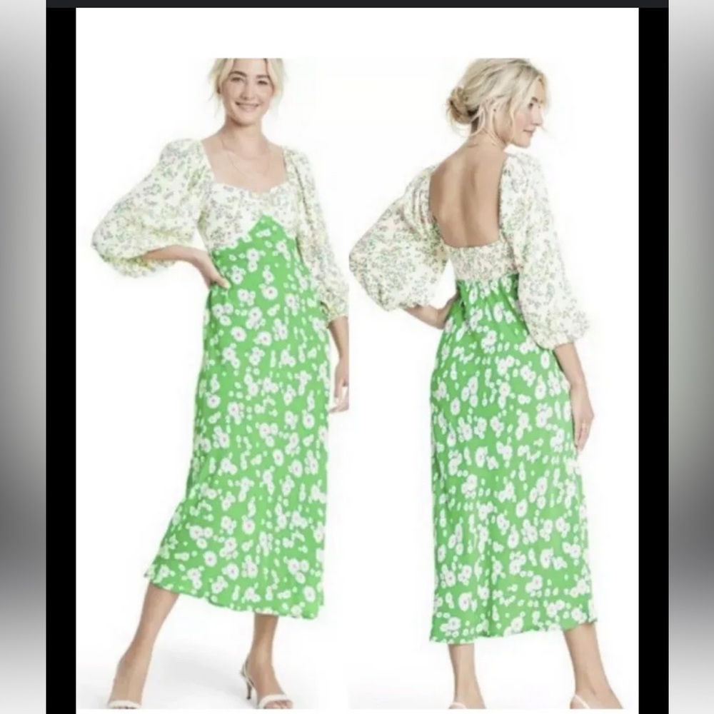 RIXO for Target Long Sleeve Puff Sleeve Daisy Midi Dress Green Pink Yellow White
